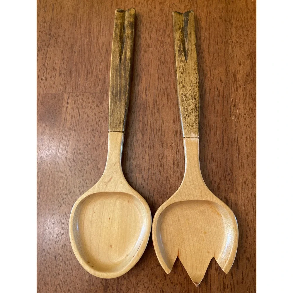 Wood Salad Servers Set Spoon and Fork Vintage Kitchen‎ Utensils